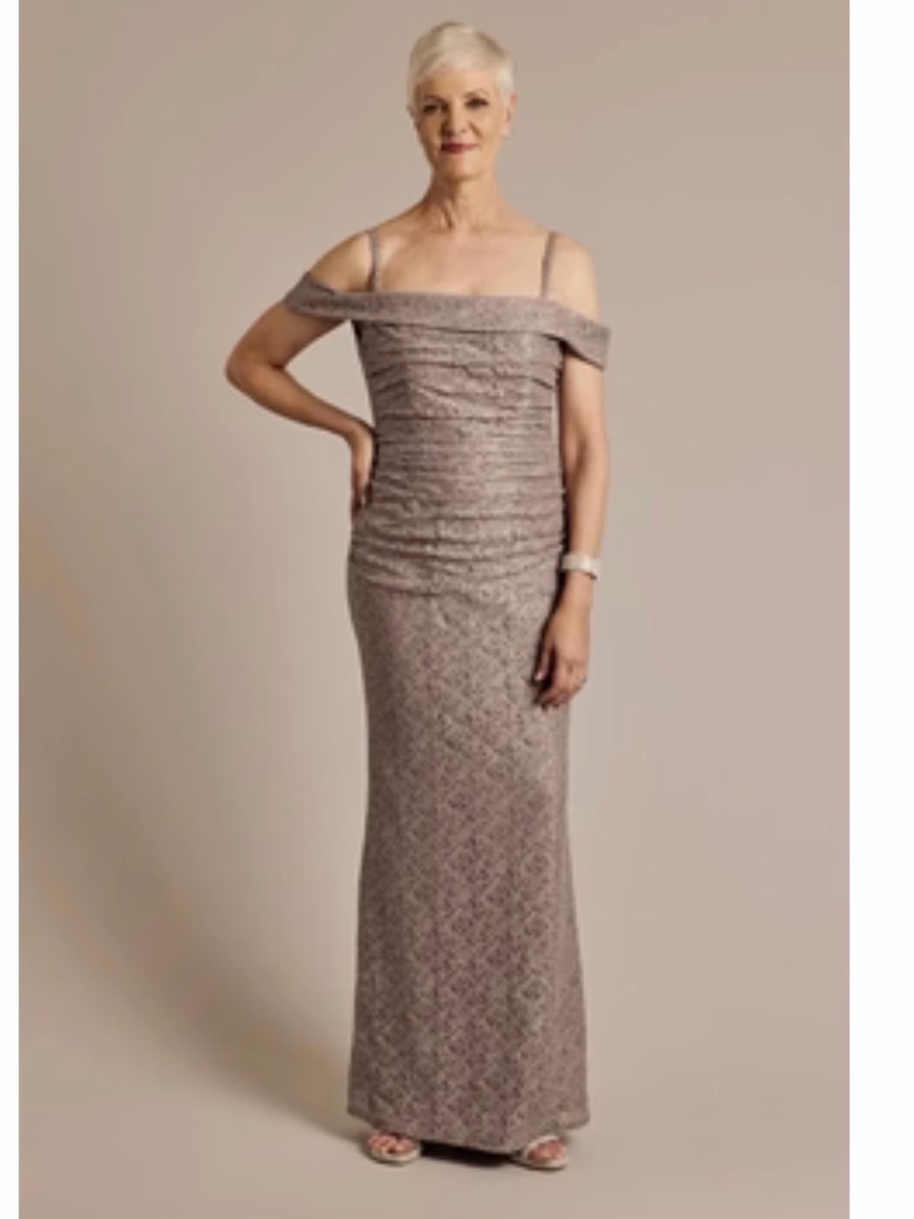 Elegant Off-Shoulder Mauve Lace Evening Gown